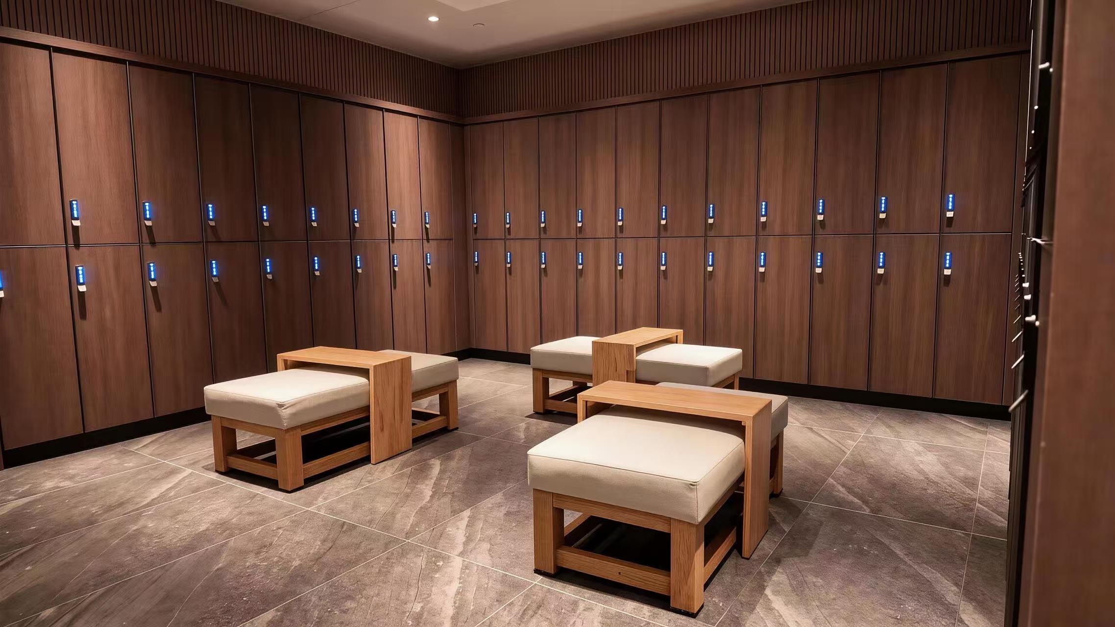 Modern locker room with clean wooden lockers